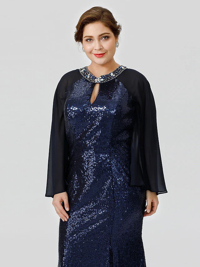 Wholesale Mermaid / Trumpet Mother of the Bride Dress Formal Chic & Modern Glamorous & Dramatic Plus Size Jewel Neck Floor Length Chiffon Sequined 3/4 Length Sleeve No with Crystals Beading